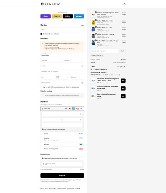 Body Glove checkout page showing Body Glove discount code box | Screenshot taken by SimplyCodes community member on Sep 6, 2025