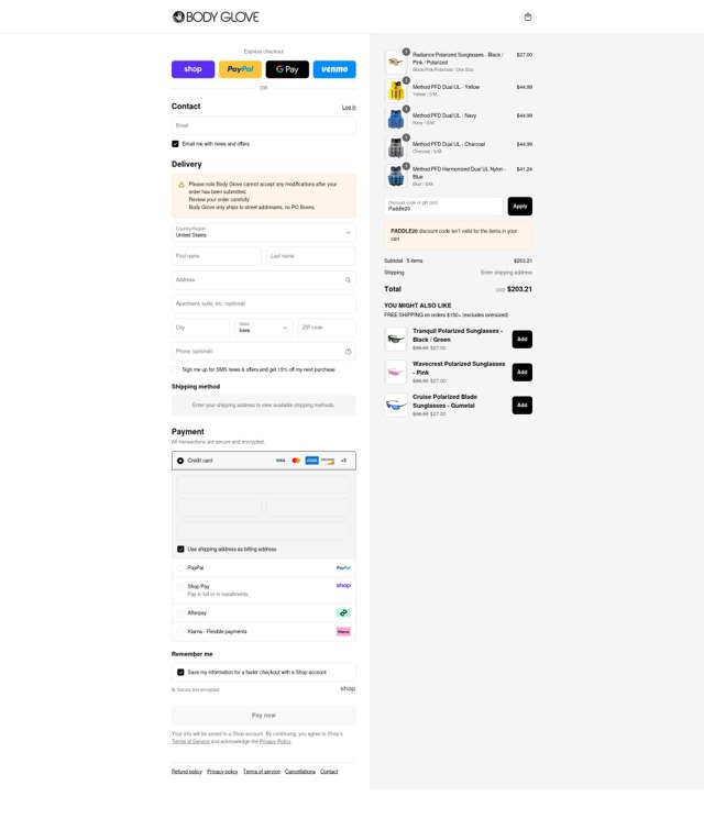 Body Glove checkout page showing Body Glove discount code box | Screenshot taken by SimplyCodes community member on Aug 29, 2025