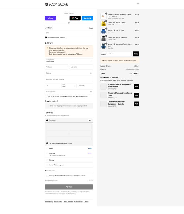 Body Glove checkout page showing Body Glove discount code box | Screenshot taken by SimplyCodes community member on Aug 29, 2025