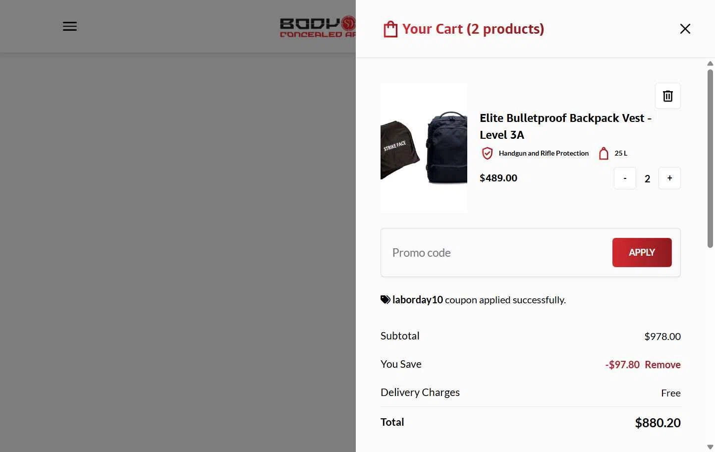Bodyguard checkout page showing Bodyguard discount code box | Screenshot taken by SimplyCodes community member on Nov 24, 2025