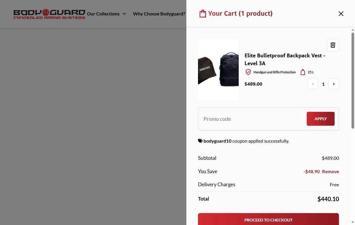 Bodyguard checkout page showing Bodyguard discount code box | Screenshot taken by SimplyCodes community member on Jan 10, 2026
