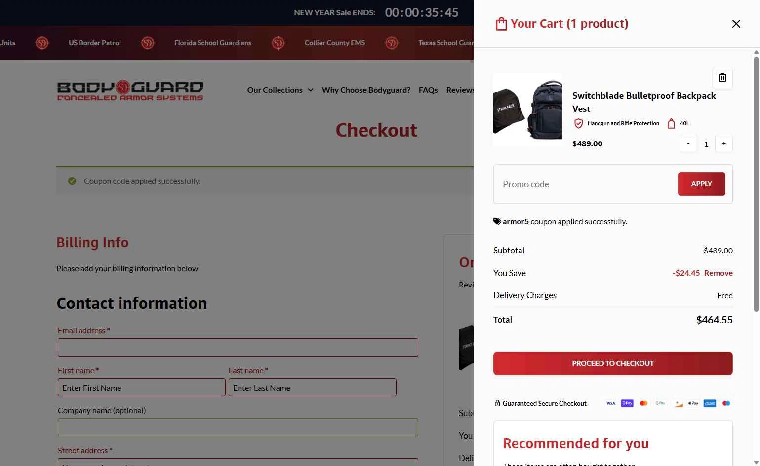 Bodyguard checkout page showing Bodyguard discount code box | Screenshot taken by SimplyCodes community member on Jan 10, 2026
