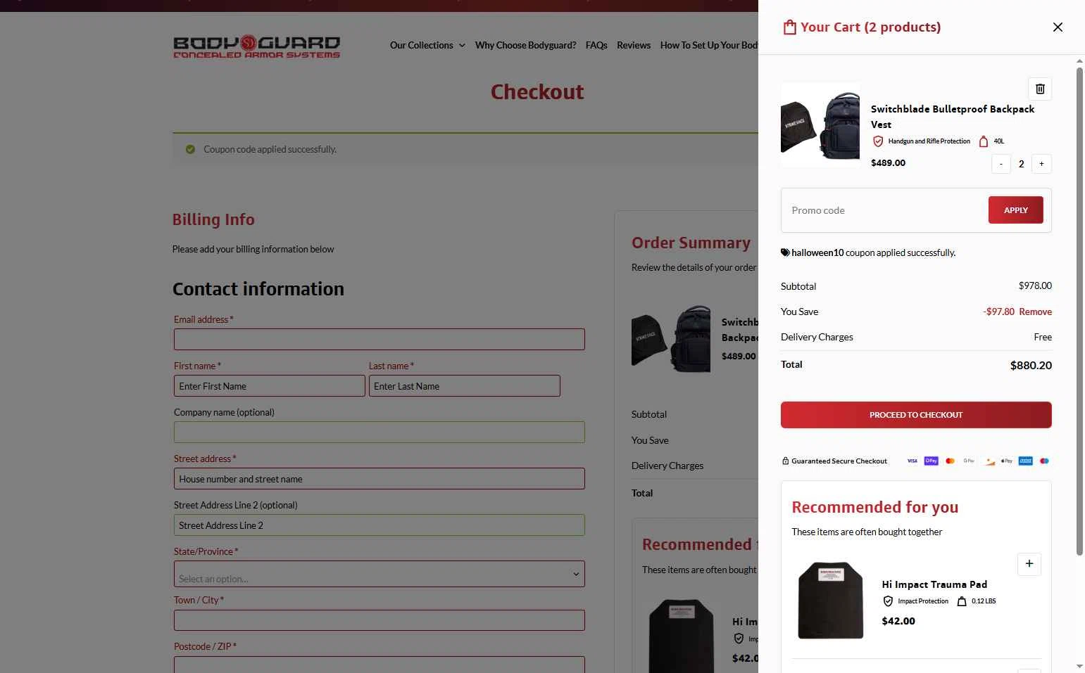 Bodyguard checkout page showing Bodyguard discount code box | Screenshot taken by SimplyCodes community member on Dec 24, 2025