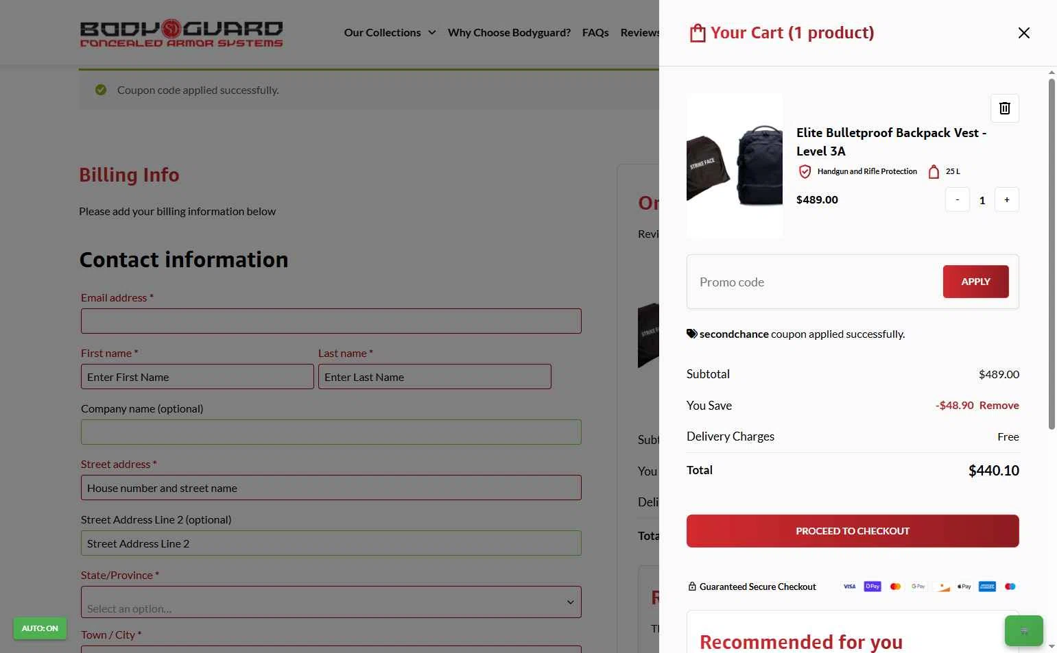 Bodyguard checkout page showing Bodyguard discount code box | Screenshot taken by SimplyCodes community member on Dec 12, 2025