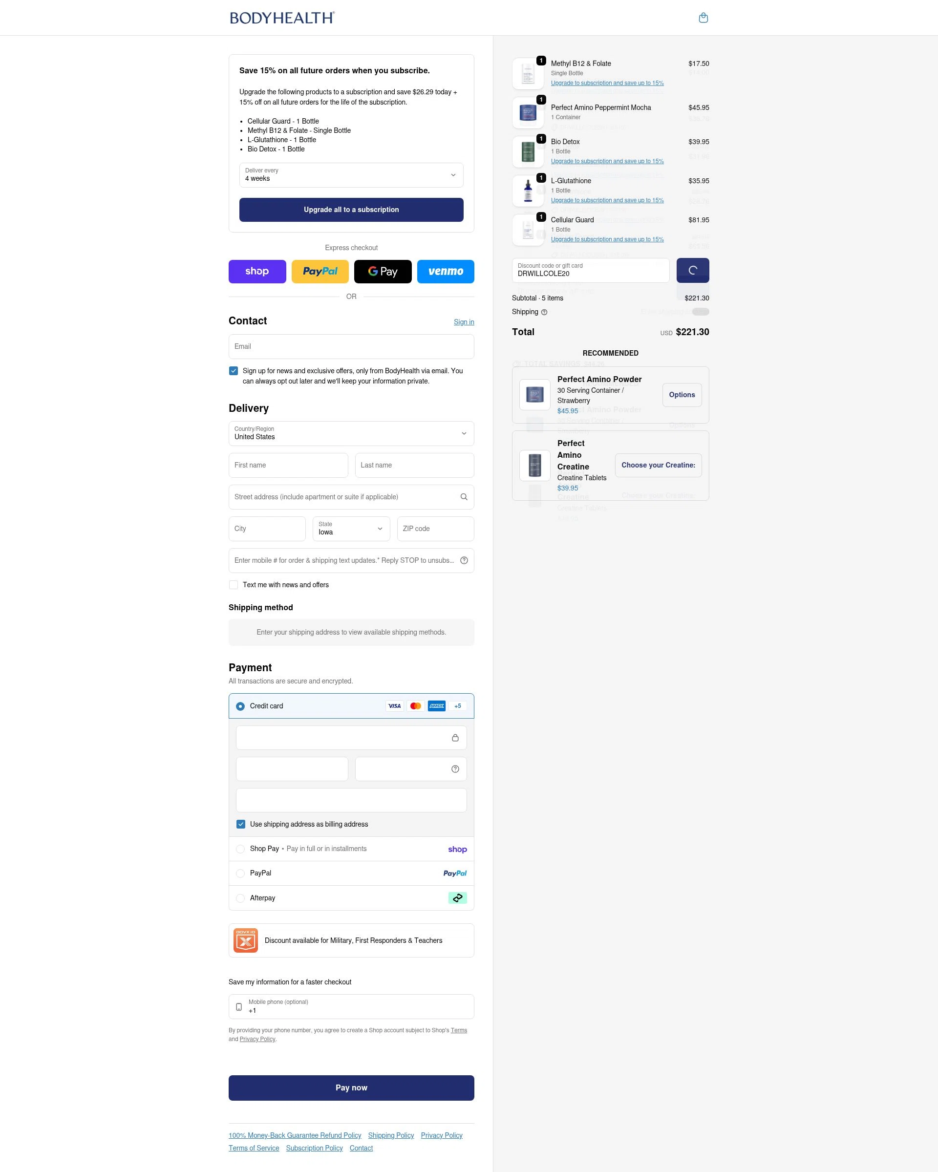 BodyHealth.com checkout page showing BodyHealth.com discount code box | Screenshot taken by SimplyCodes community member on Feb 8, 2026