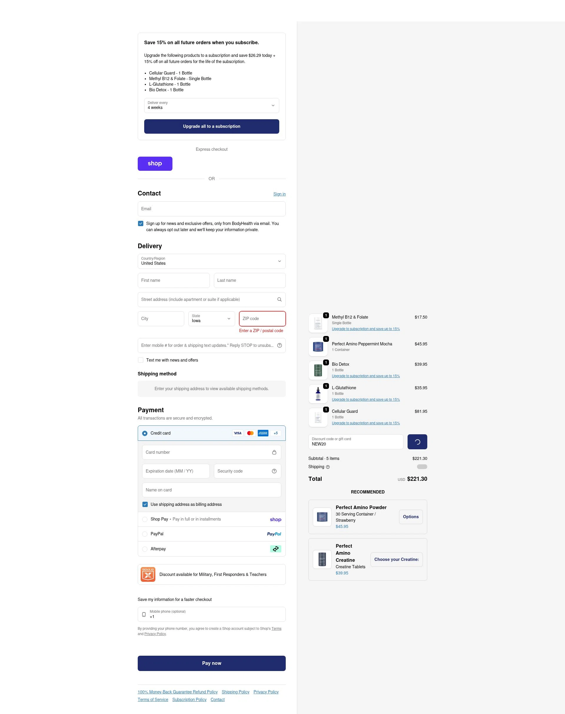 BodyHealth.com checkout page showing BodyHealth.com discount code box | Screenshot taken by SimplyCodes community member on Feb 8, 2026
