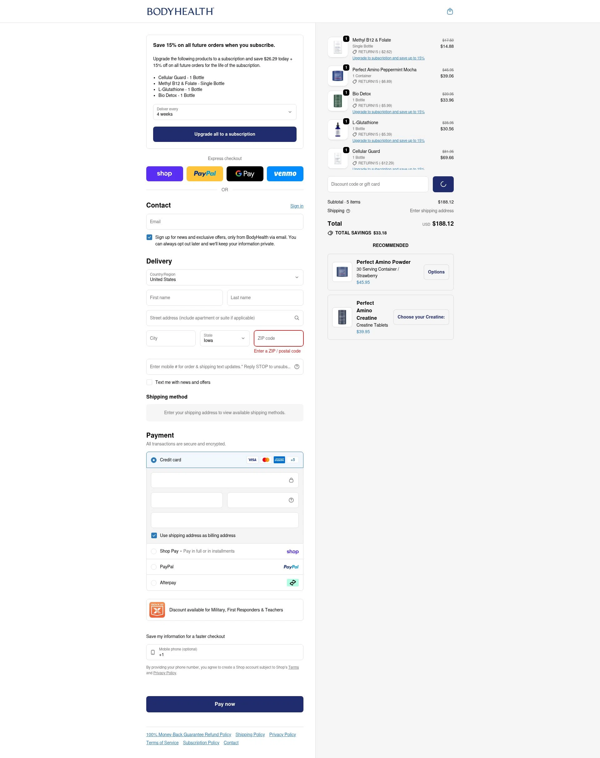 BodyHealth.com checkout page showing BodyHealth.com discount code box | Screenshot taken by SimplyCodes community member on Feb 8, 2026