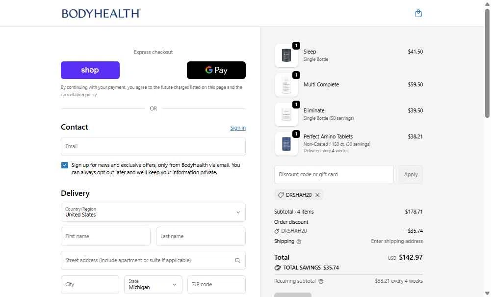 BodyHealth.com checkout page showing BodyHealth.com discount code box | Screenshot taken by SimplyCodes community member on Feb 10, 2026