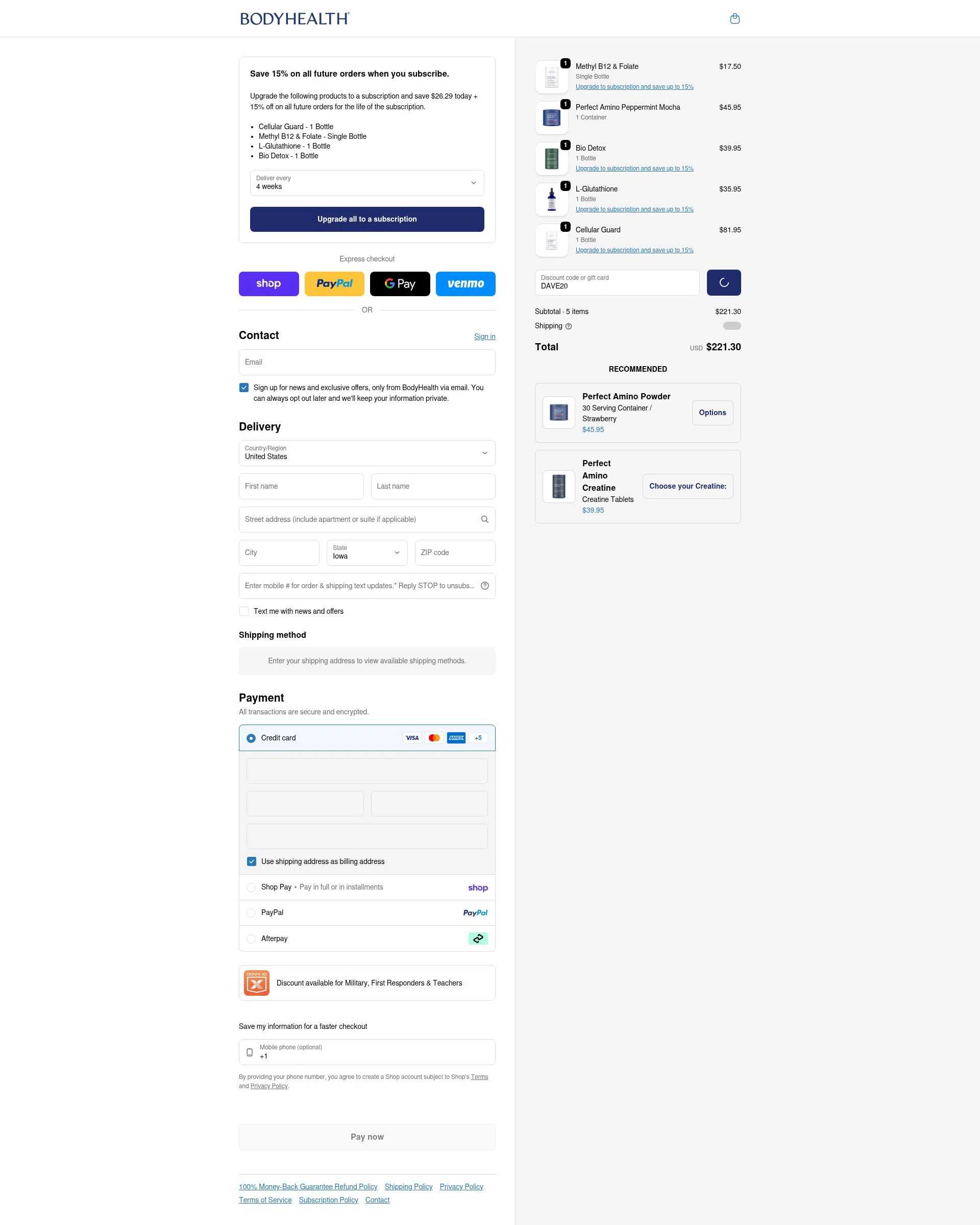 BodyHealth.com checkout page showing BodyHealth.com discount code box | Screenshot taken by SimplyCodes community member on Feb 8, 2026