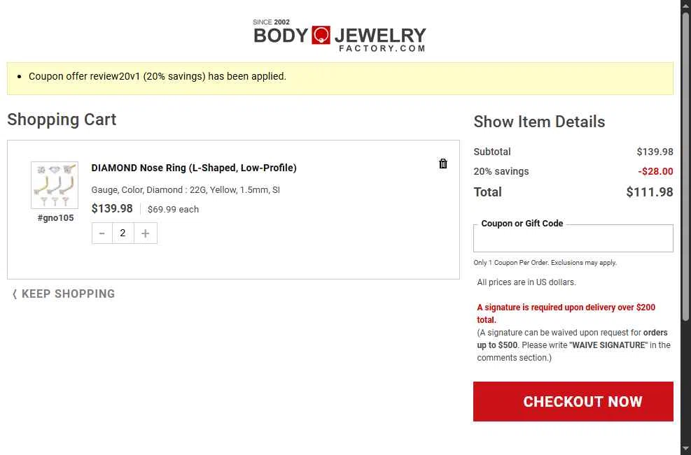 Body Jewerly Factory checkout page showing Body Jewerly Factory promo code box | Screenshot taken by SimplyCodes community member on Sep 28, 2025