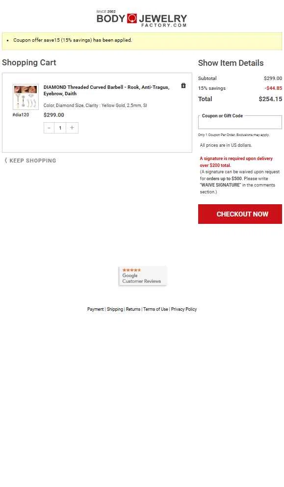 Body Jewerly Factory checkout page showing Body Jewerly Factory promo code box | Screenshot taken by SimplyCodes community member on Aug 27, 2025