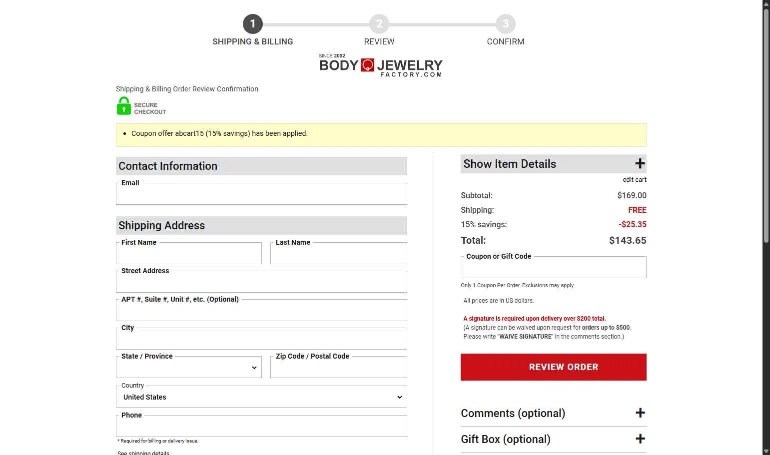 Body Jewerly Factory checkout page showing Body Jewerly Factory promo code box | Screenshot taken by SimplyCodes community member on Aug 27, 2025