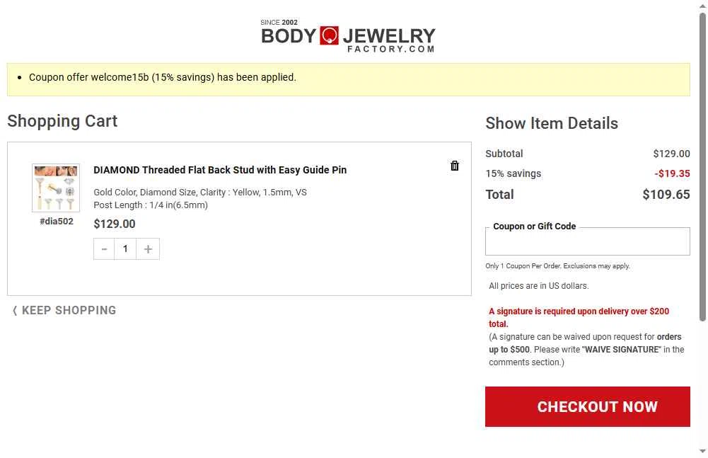 Body Jewerly Factory checkout page showing Body Jewerly Factory promo code box | Screenshot taken by SimplyCodes community member on Nov 3, 2025