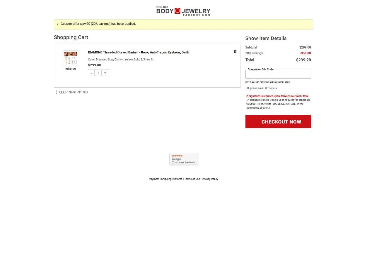 Body Jewerly Factory checkout page showing Body Jewerly Factory promo code box | Screenshot taken by SimplyCodes community member on Aug 27, 2025