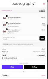 Bodyography Cosmetics coupon verification screenshot