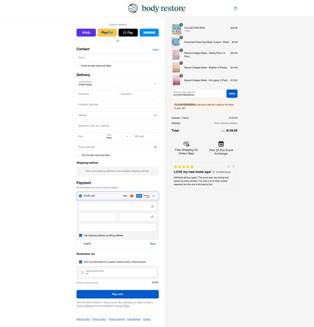 BodyRestore checkout page showing BodyRestore promo code box | Screenshot taken by SimplyCodes community member on Sep 9, 2025