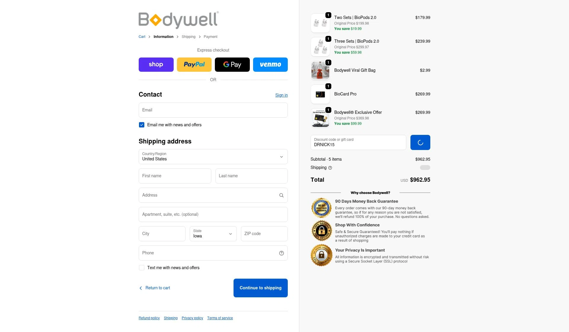 Bodywell checkout page showing Bodywell discount code box | Screenshot taken by SimplyCodes community member on Feb 14, 2026