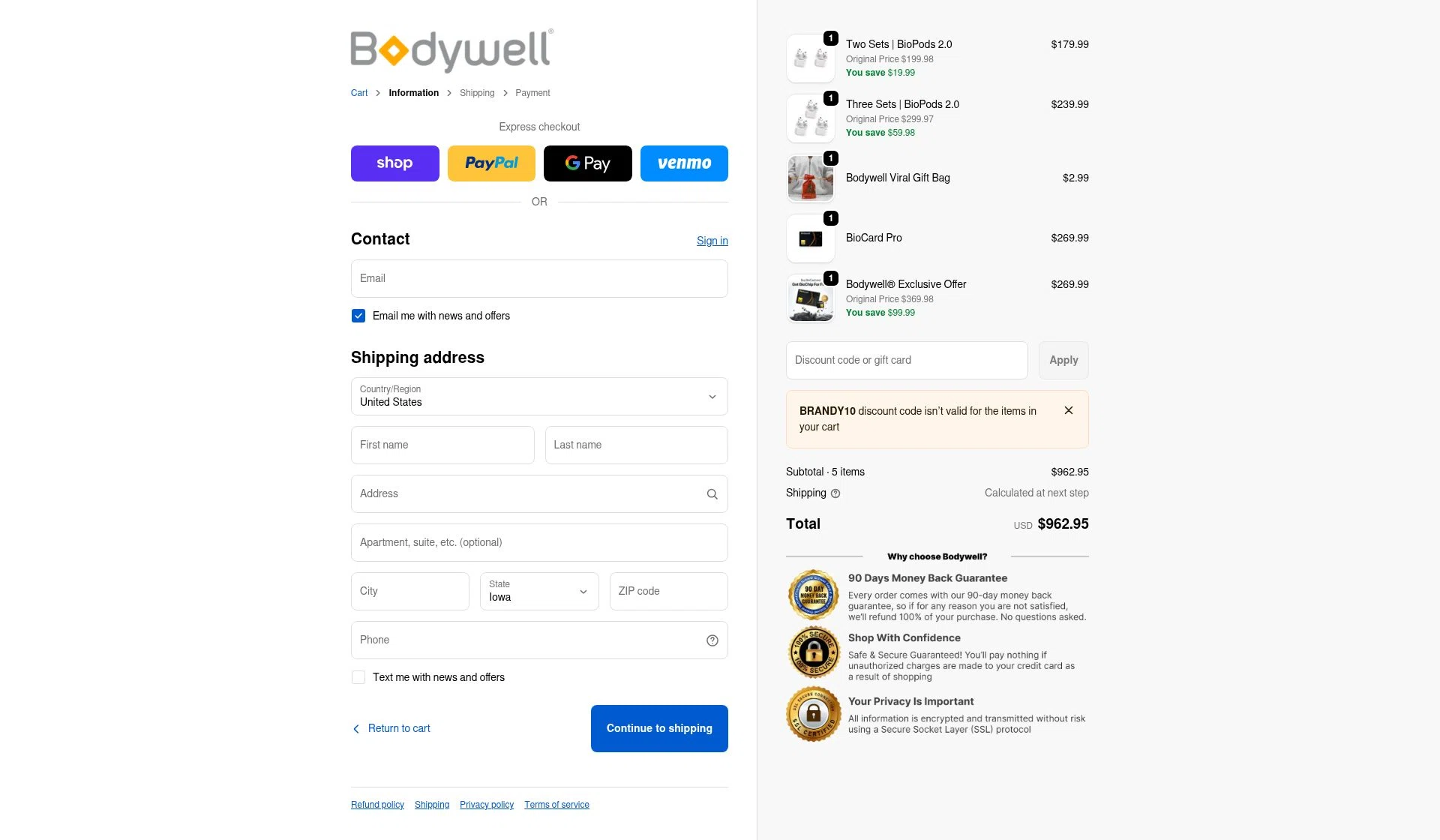 Bodywell checkout page showing Bodywell discount code box | Screenshot taken by SimplyCodes community member on Feb 5, 2026