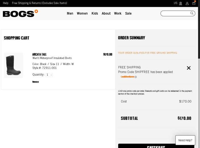 Bogs Footwear checkout page showing Bogs Footwear promo code box | Screenshot taken by SimplyCodes community member on Sep 6, 2025