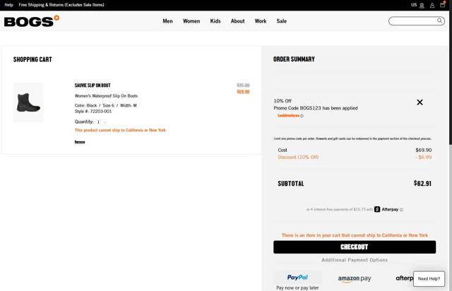 Bogs Footwear checkout page showing Bogs Footwear promo code box | Screenshot taken by SimplyCodes community member on Sep 13, 2025