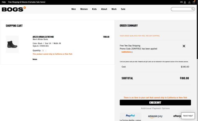 Bogs Footwear checkout page showing Bogs Footwear promo code box | Screenshot taken by SimplyCodes community member on Sep 6, 2025