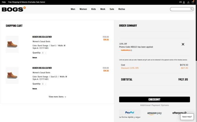 Bogs Footwear checkout page showing Bogs Footwear promo code box | Screenshot taken by SimplyCodes community member on Aug 29, 2025