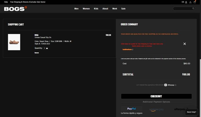 Bogs Footwear checkout page showing Bogs Footwear promo code box | Screenshot taken by SimplyCodes community member on Aug 3, 2025
