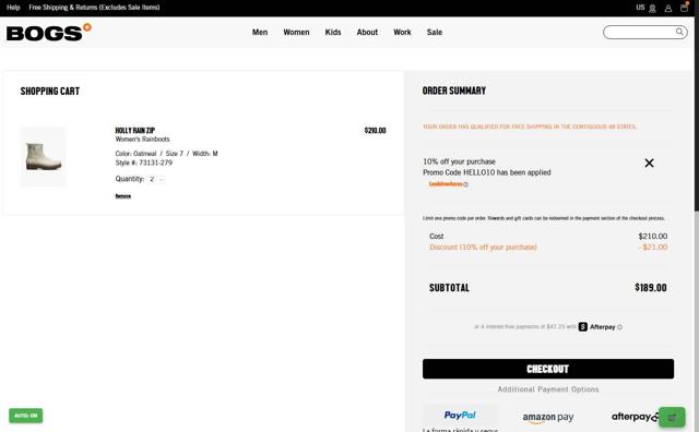 Bogs Footwear checkout page showing Bogs Footwear promo code box | Screenshot taken by SimplyCodes community member on Sep 13, 2025