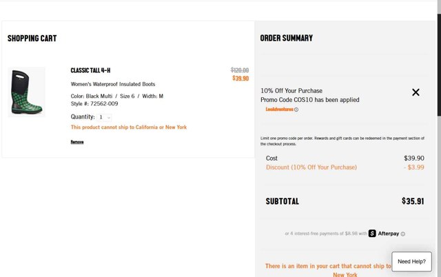 Bogs Footwear checkout page showing Bogs Footwear promo code box | Screenshot taken by SimplyCodes community member on Jul 18, 2025