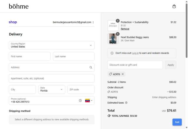 Bohme checkout page showing Bohme discount code box | Screenshot taken by SimplyCodes community member on Sep 14, 2025