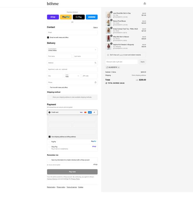 Bohme checkout page showing Bohme discount code box | Screenshot taken by SimplyCodes community member on Sep 13, 2025