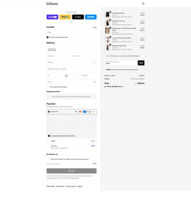 Bohme checkout page showing Bohme discount code box | Screenshot taken by SimplyCodes community member on Aug 28, 2025
