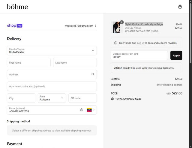 Bohme checkout page showing Bohme discount code box | Screenshot taken by SimplyCodes community member on Aug 28, 2025