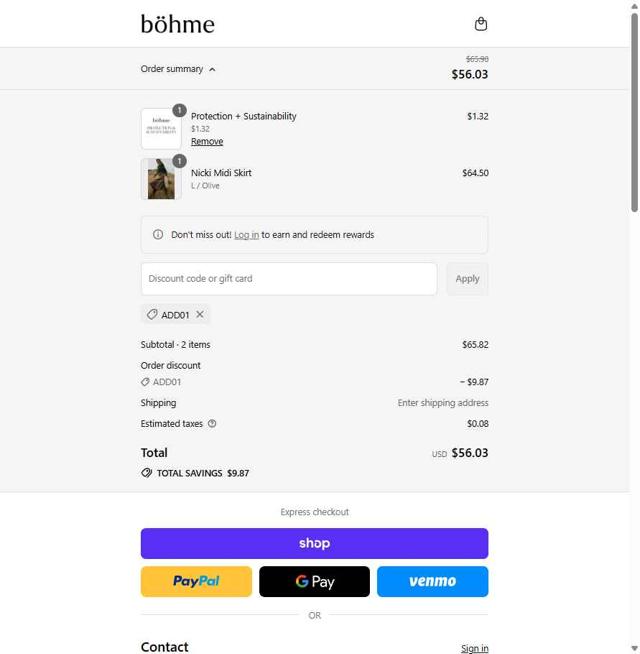 Bohme checkout page showing Bohme discount code box | Screenshot taken by SimplyCodes community member on Sep 14, 2025