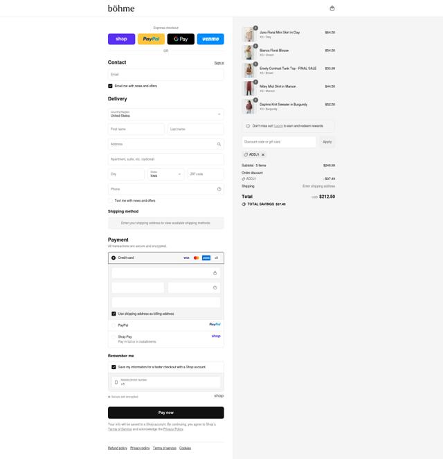 Bohme checkout page showing Bohme discount code box | Screenshot taken by SimplyCodes community member on Sep 13, 2025