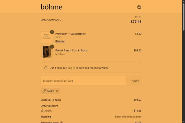 Bohme checkout page showing Bohme discount code box | Screenshot taken by SimplyCodes community member on Sep 14, 2025