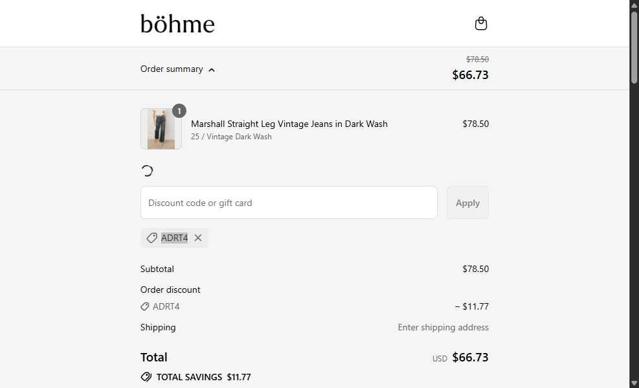 Bohme checkout page showing Bohme discount code box | Screenshot taken by SimplyCodes community member on Sep 14, 2025