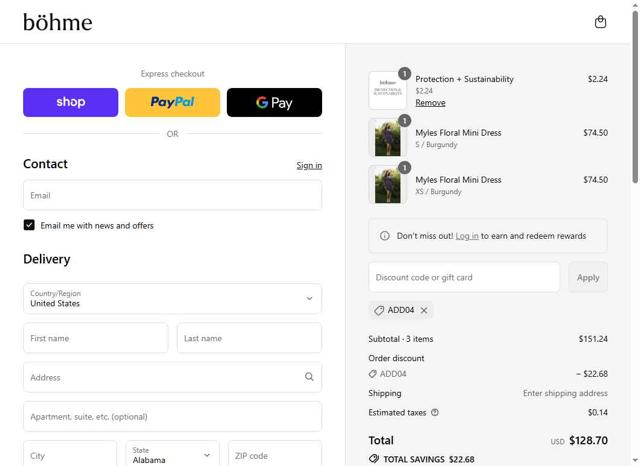 Bohme checkout page showing Bohme discount code box | Screenshot taken by SimplyCodes community member on Sep 14, 2025
