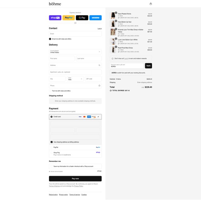 Bohme checkout page showing Bohme discount code box | Screenshot taken by SimplyCodes community member on Aug 28, 2025