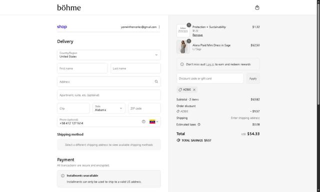 Bohme checkout page showing Bohme discount code box | Screenshot taken by SimplyCodes community member on Sep 14, 2025