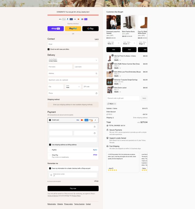 Boho Beach Hut checkout page showing Boho Beach Hut coupon code box | Screenshot taken by SimplyCodes community member on Aug 26, 2025