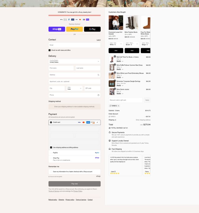 Boho Beach Hut checkout page showing Boho Beach Hut coupon code box | Screenshot taken by SimplyCodes community member on Aug 26, 2025