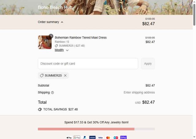 Boho Beach Hut checkout page showing Boho Beach Hut coupon code box | Screenshot taken by SimplyCodes community member on Aug 27, 2025