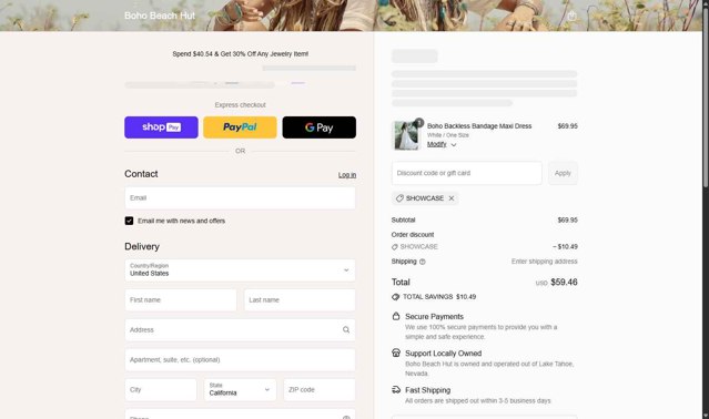 Boho Beach Hut checkout page showing Boho Beach Hut coupon code box | Screenshot taken by SimplyCodes community member on Aug 26, 2025