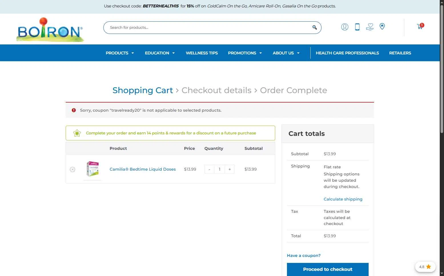 Boiron checkout page showing Boiron discount code box | Screenshot taken by SimplyCodes community member on Jan 21, 2026