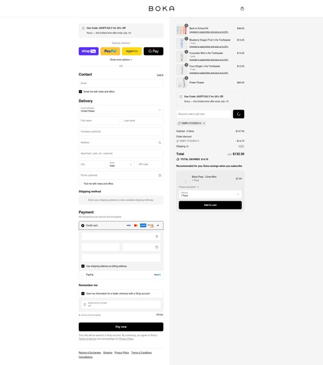Boka checkout page showing Boka discount code box | Screenshot taken by SimplyCodes community member on Aug 20, 2025