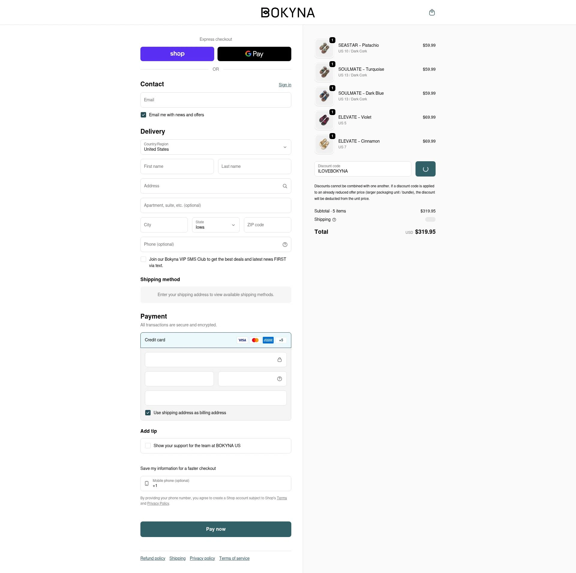 Bokyna checkout page showing Bokyna discount code box | Screenshot taken by SimplyCodes community member on Feb 8, 2026