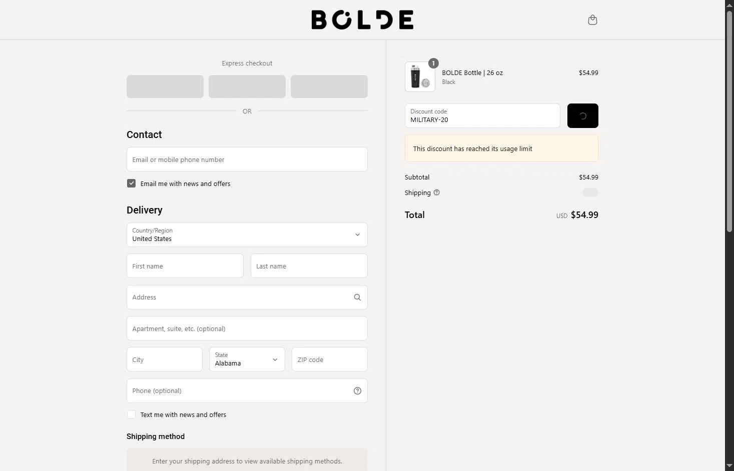 BOLDE checkout page showing BOLDE discount code box | Screenshot taken by SimplyCodes community member on Jul 13, 2025
