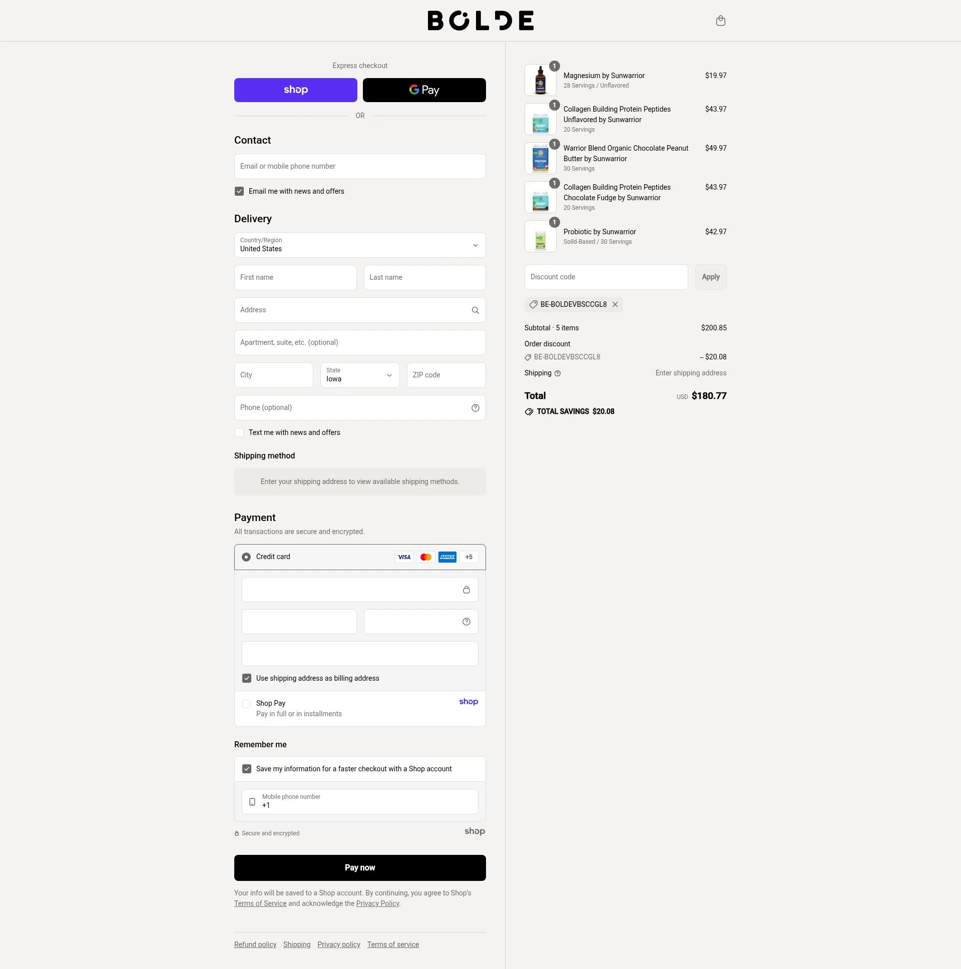 BOLDE checkout page showing BOLDE discount code box | Screenshot taken by SimplyCodes community member on Sep 15, 2025
