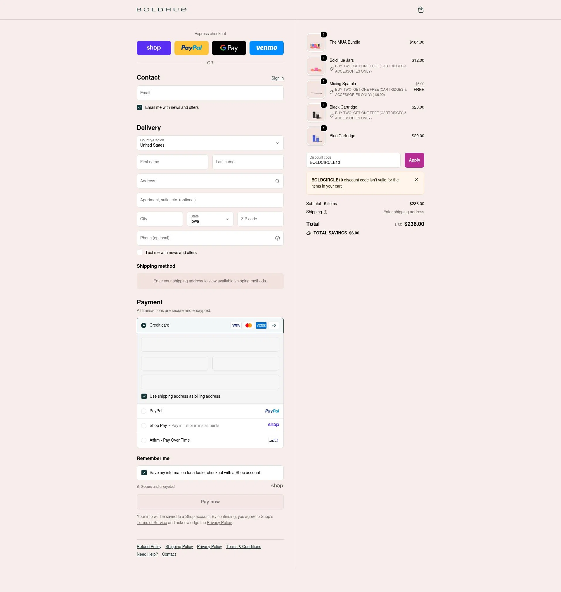 BoldHue checkout page showing BoldHue promo code box | Screenshot taken by SimplyCodes community member on Nov 29, 2025